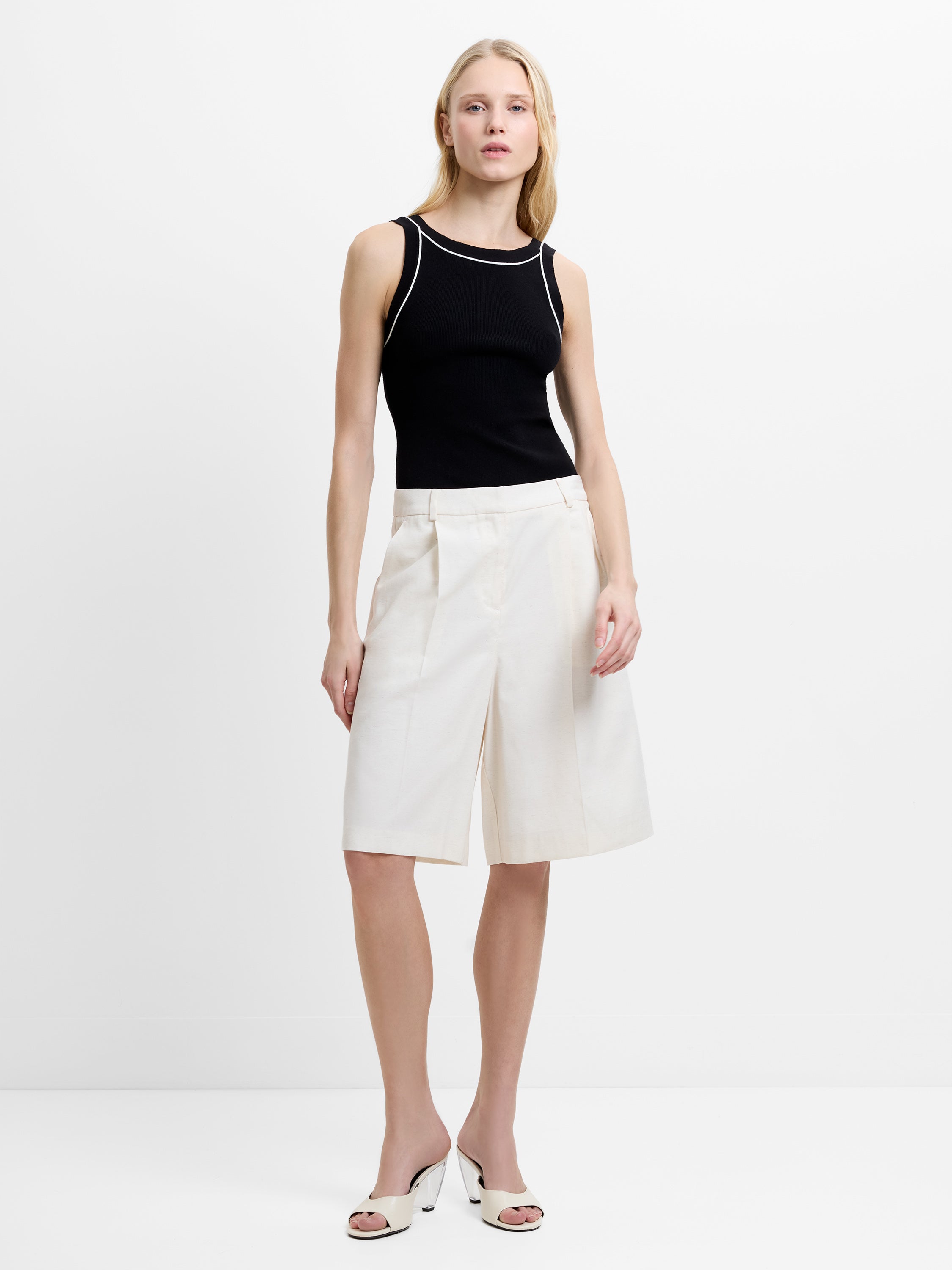 Raquel Pleated Cream Bermuda Shorts