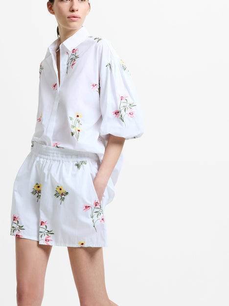 Cotton Floral Embroidered White Shorts