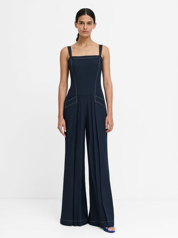 Salma Drop Waist Pleated Navy Wide Leg Jumpsuit