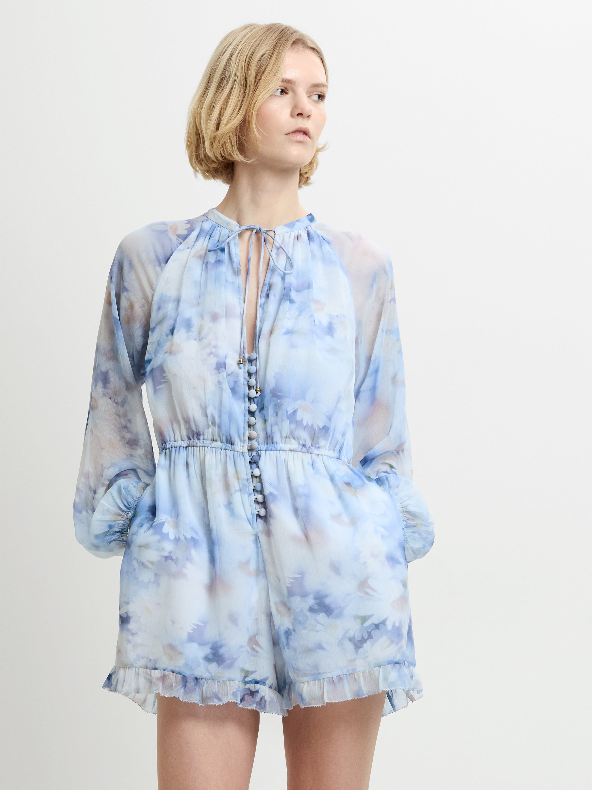 Daisy Chiffon Faux Button Blue Floral Playsuit