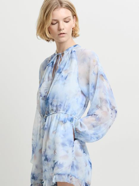 Daisy Chiffon Faux Button Blue Floral Playsuit