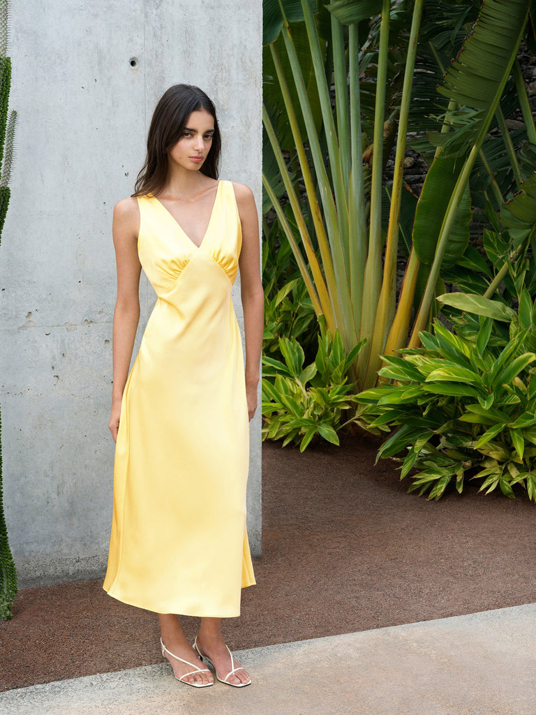 simone slip midi dress butter yellow Damson Madder Simone Slip Midi Dress in Butter Yellow