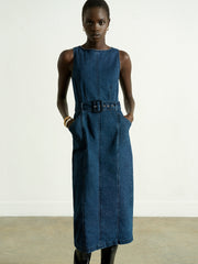 Arywoode Denim Sleeveless Belted Midi Dress