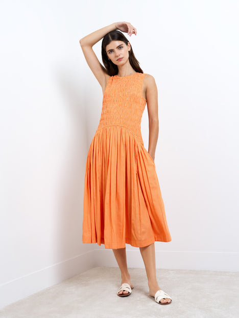 Alexis Cotton Striped Smocked Orange Midi Dress