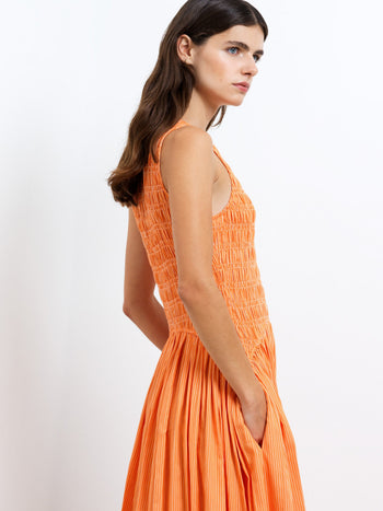 Alexis Cotton Striped Smocked Orange Midi Dress