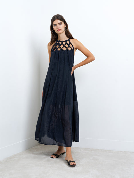 Beth Lurex Navy Trim Halterneck Maxi Dress