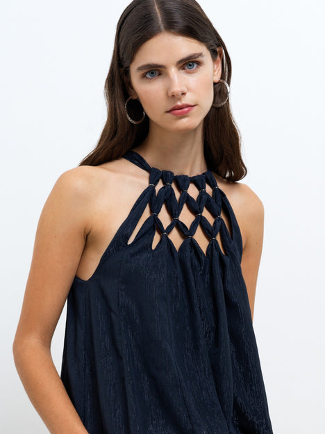 Beth Lurex Navy Trim Halterneck Maxi Dress