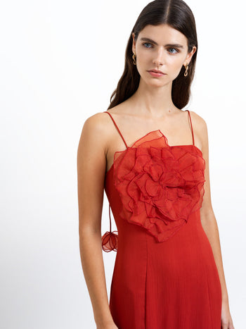 Emina Chiffon 3D Floral Red Maxi Dress