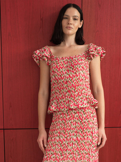 Noelle Floral Plisse Ruffle Peplum Top