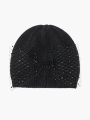 Sparkly Mesh Diamante Bow Beanie Hat