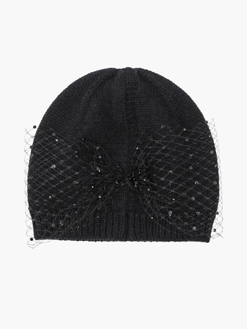 Sparkly Mesh Diamante Bow Beanie Hat