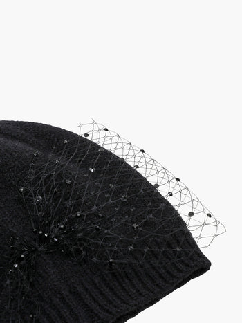 Sparkly Mesh Diamante Bow Beanie Hat