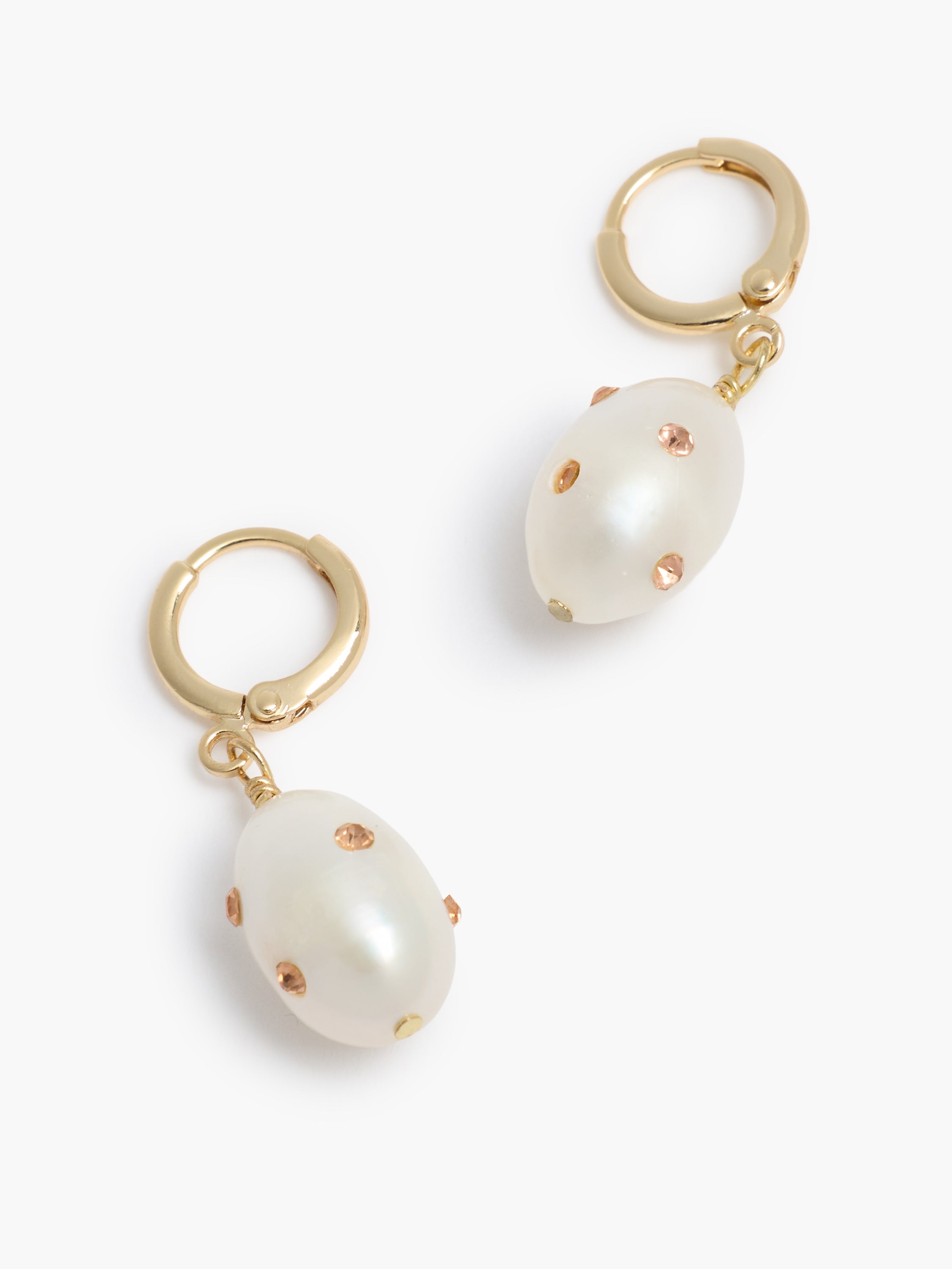Pearl Pink Crystal Gold Huggie Hoop Earrings