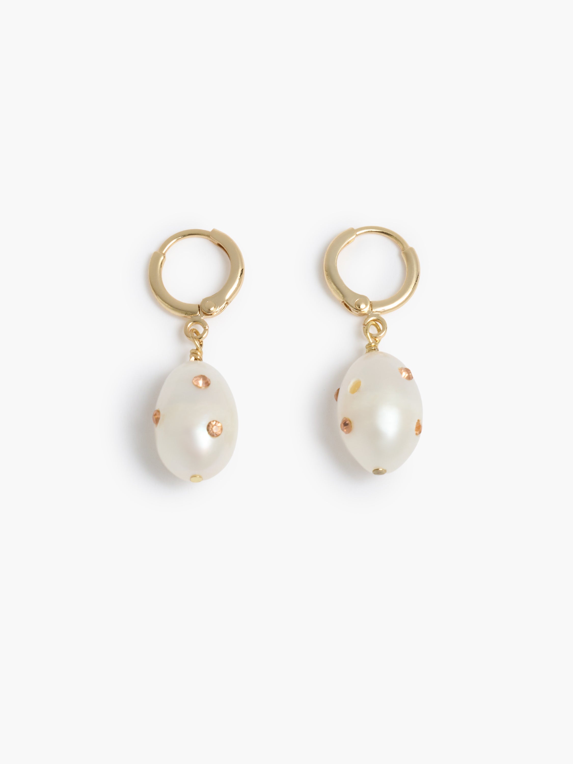 Pearl Pink Crystal Gold Huggie Hoop Earrings