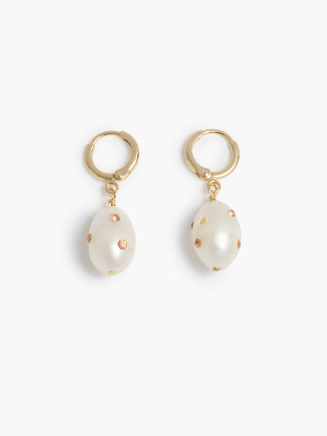 Pearl Pink Crystal Gold Huggie Hoop Earrings