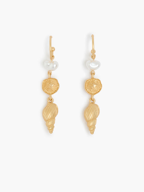 Gold Sea Charm Drop Hoop Earrings