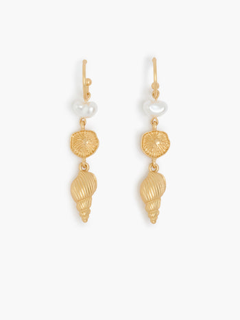 Gold Sea Charm Drop Hoop Earrings