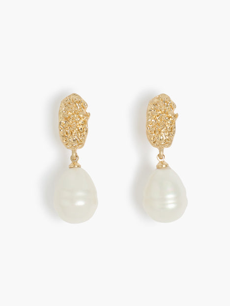 Gold Molten Disc Pearl Drop Earrings