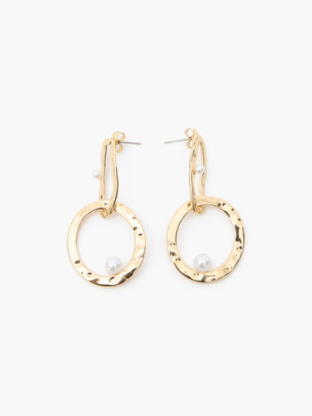 Duo Hammered Drop Hoop With Pearl Earrings