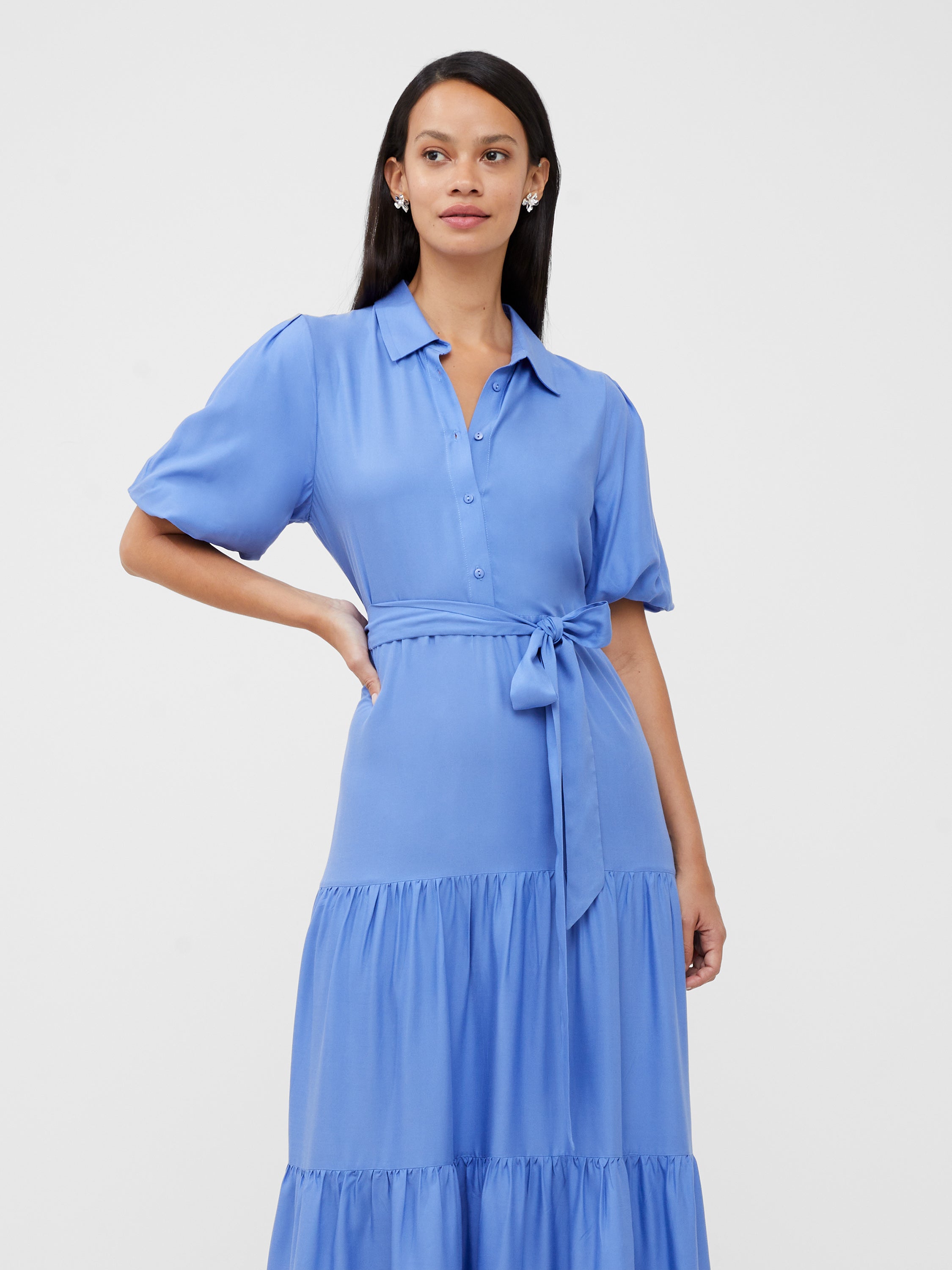 Puff Sleeve Tiered Midi Shirt Dress French Connection EU