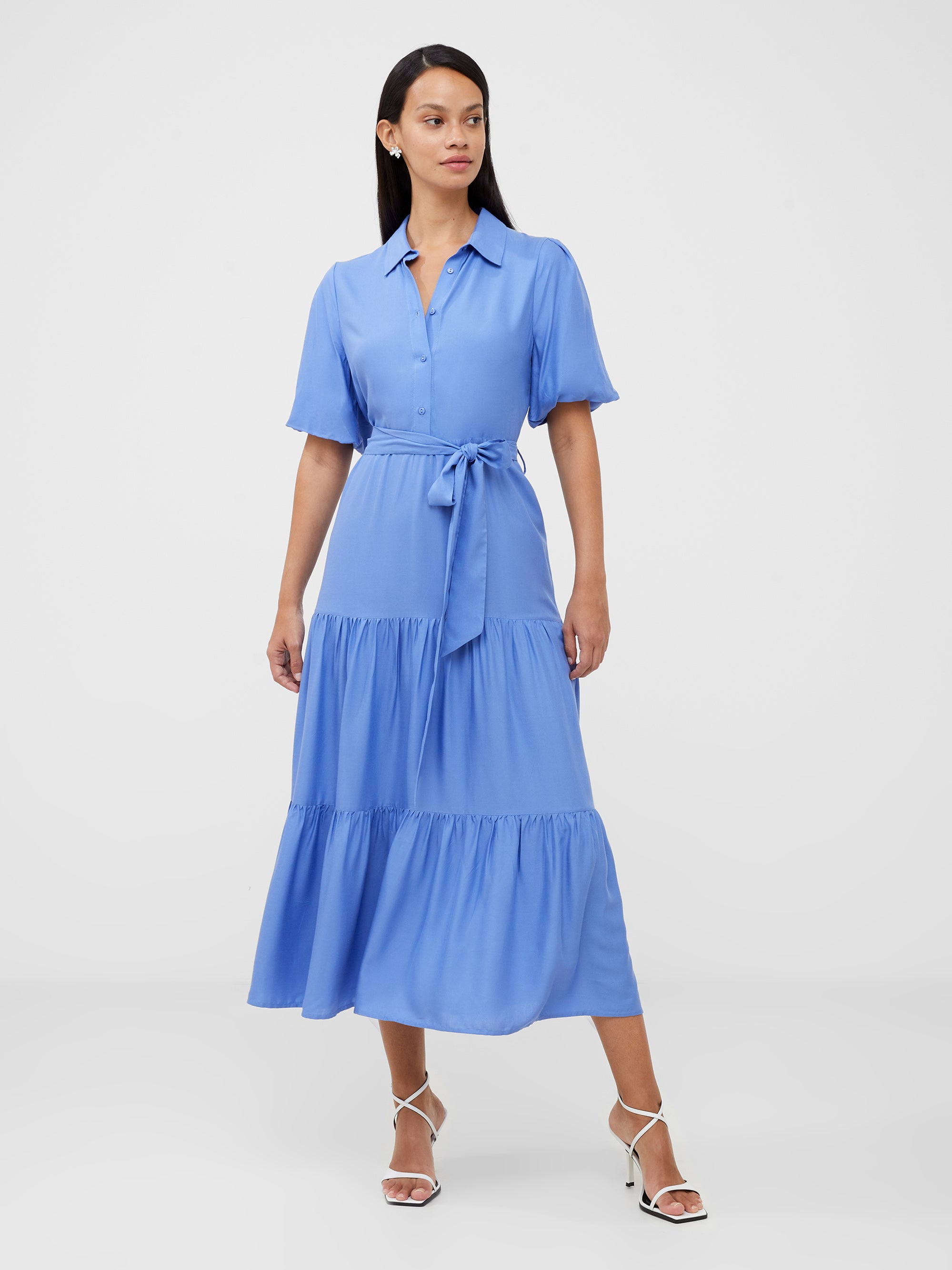 Puff Sleeve Tiered Midi Shirt Dress