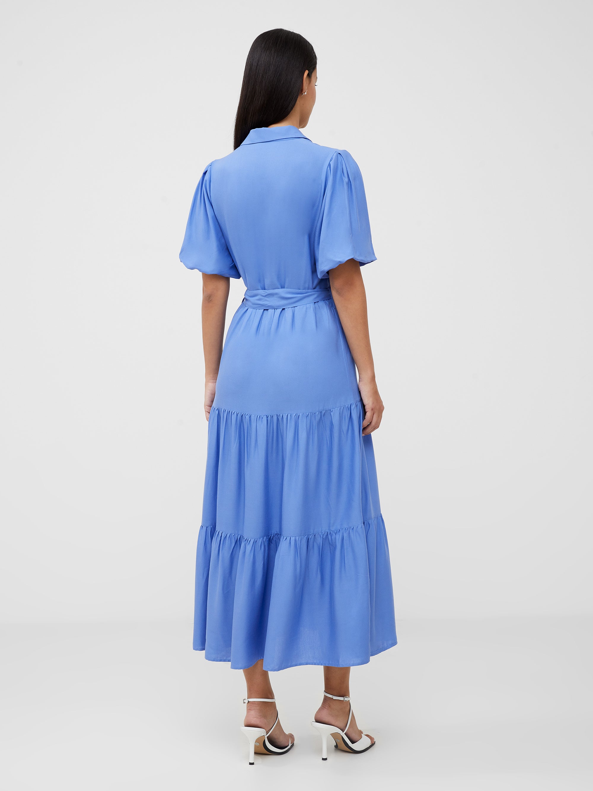 Puff Sleeve Tiered Midi Shirt Dress