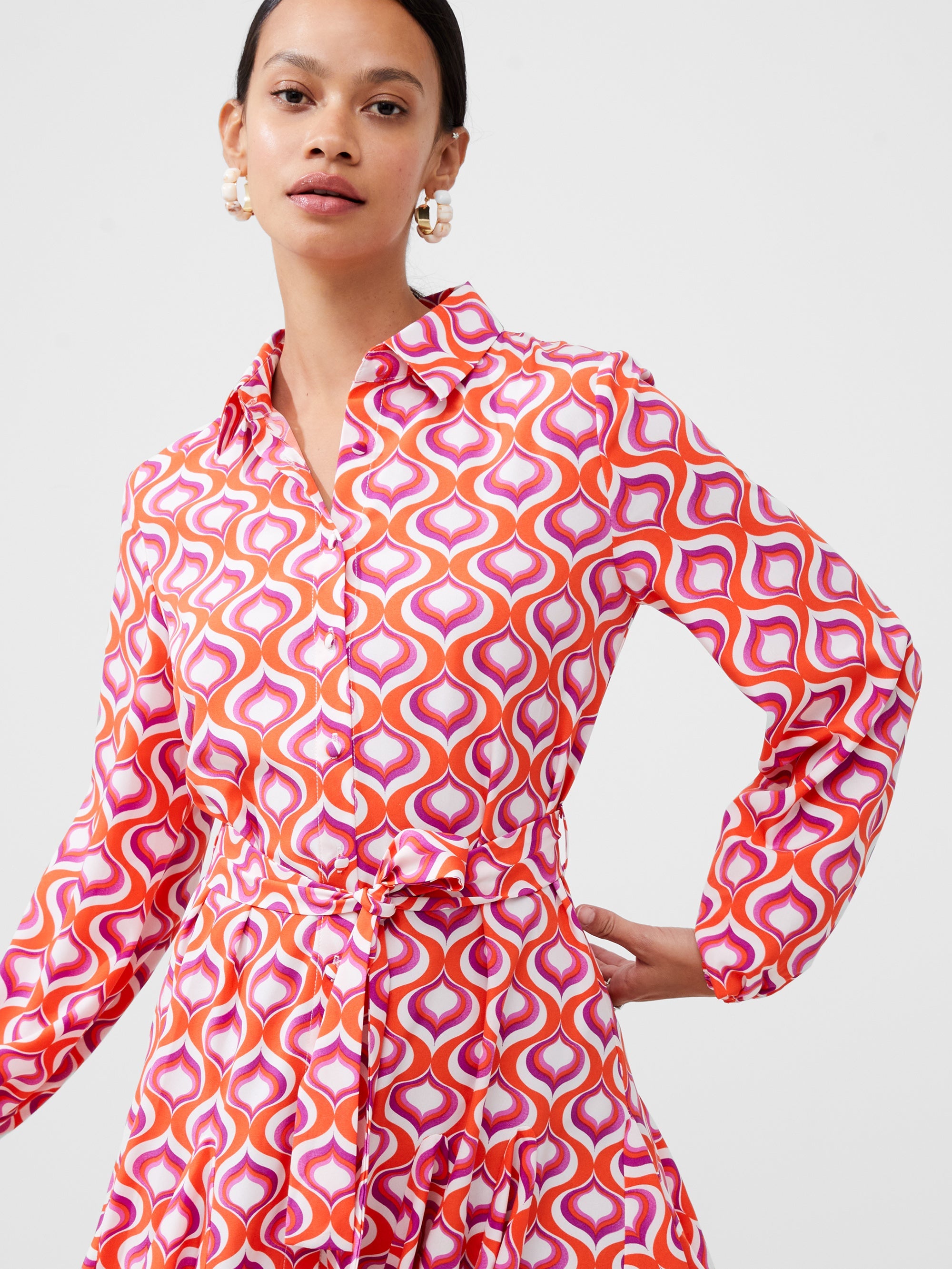 Retro Print Belted Shirt Mini Dress