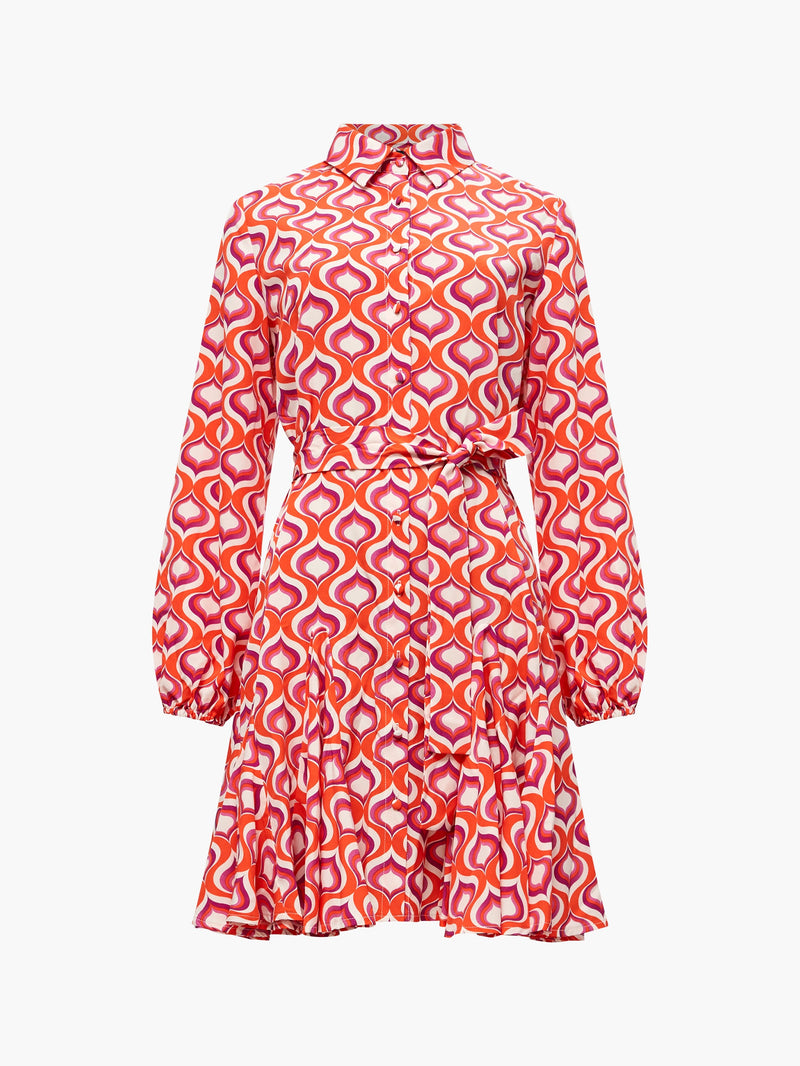 Retro Print Belted Shirt Mini Dress