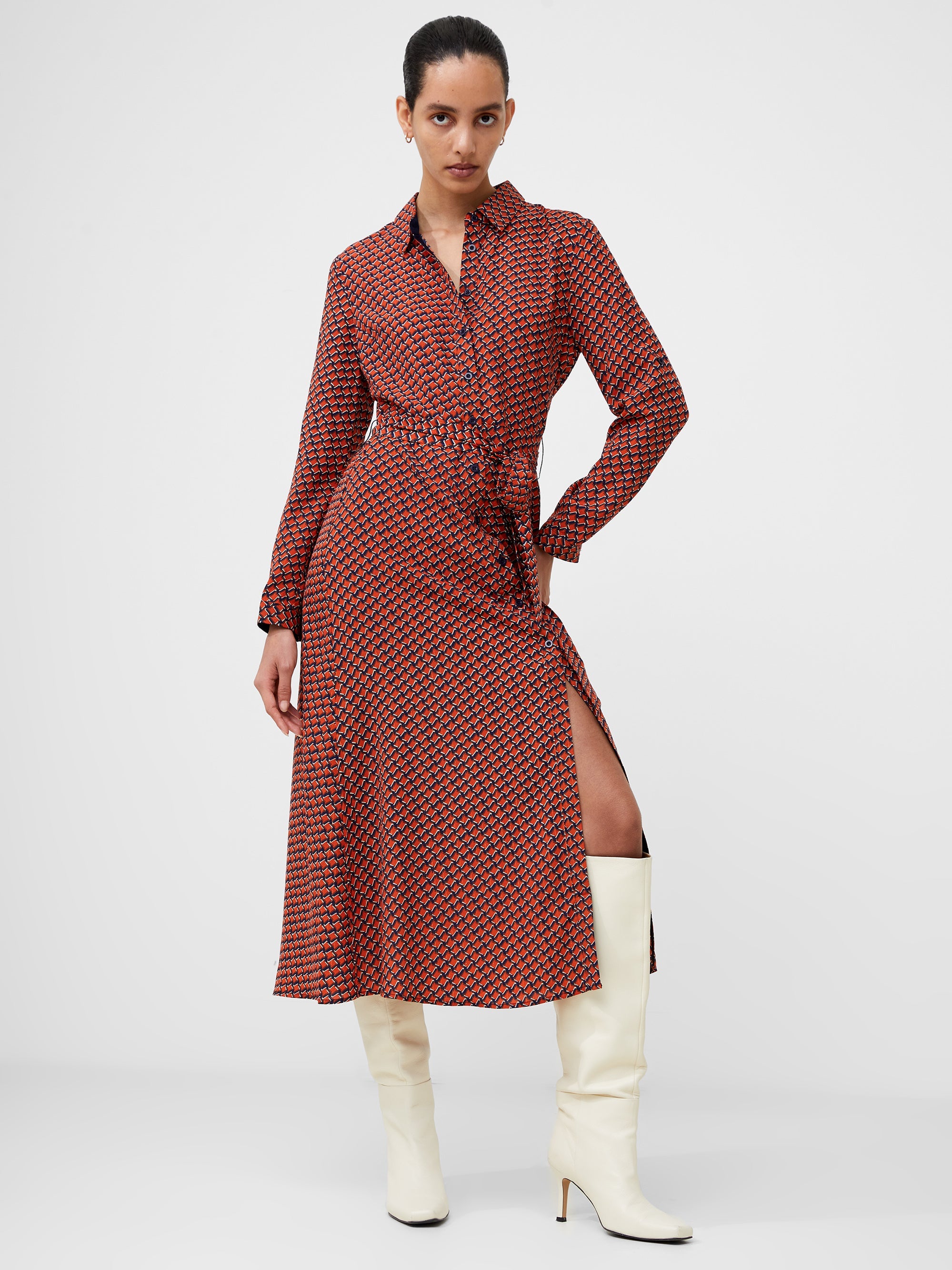 Abstract Belted Midi Shirt Dress