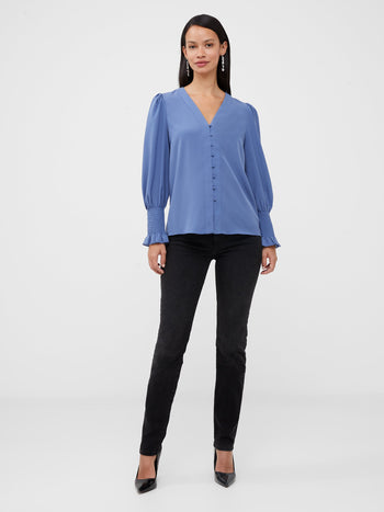 Crepe V-Neck Smocked Sleeve Blouse
