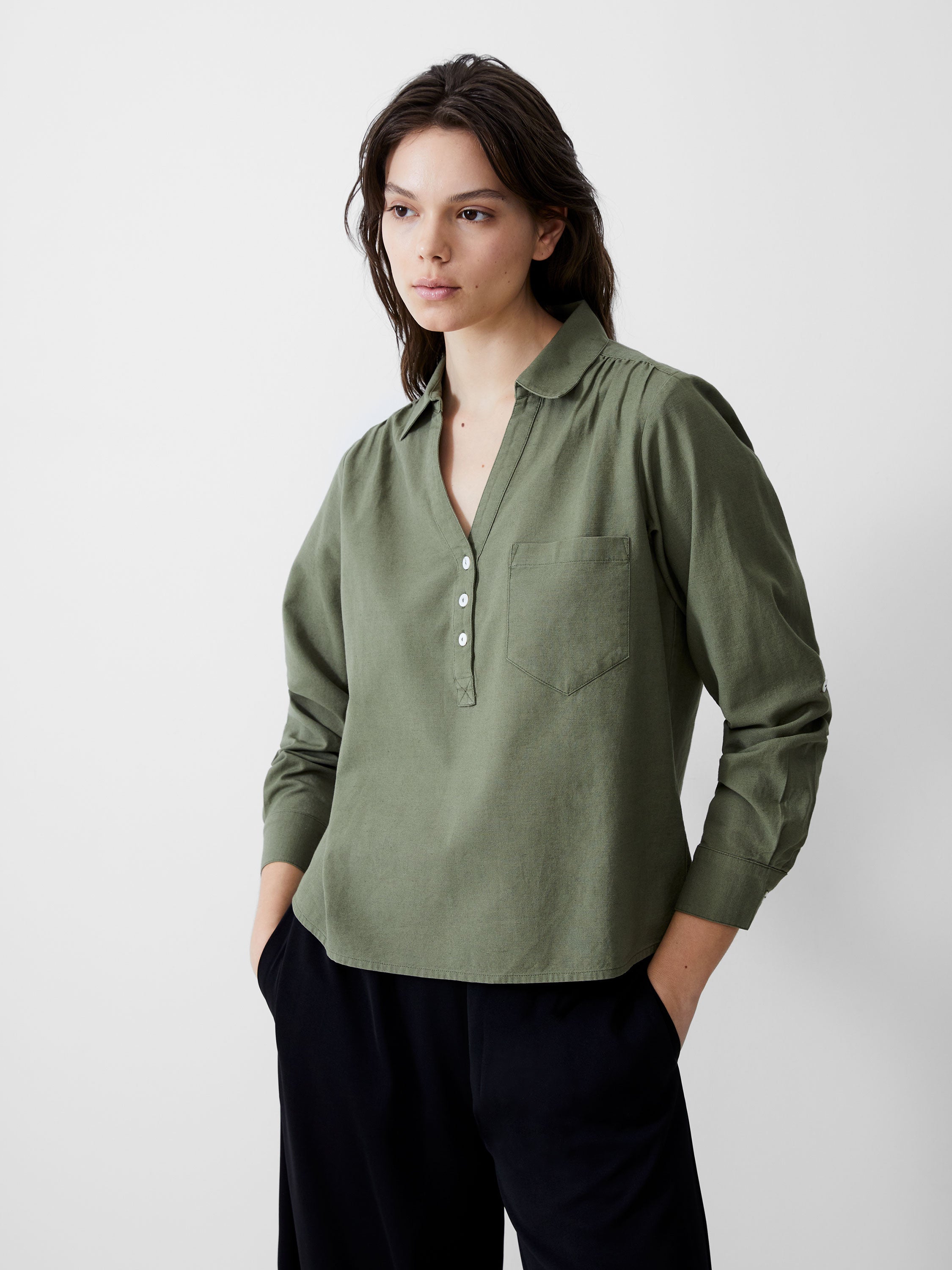 Linen Blend Vee Placket Top