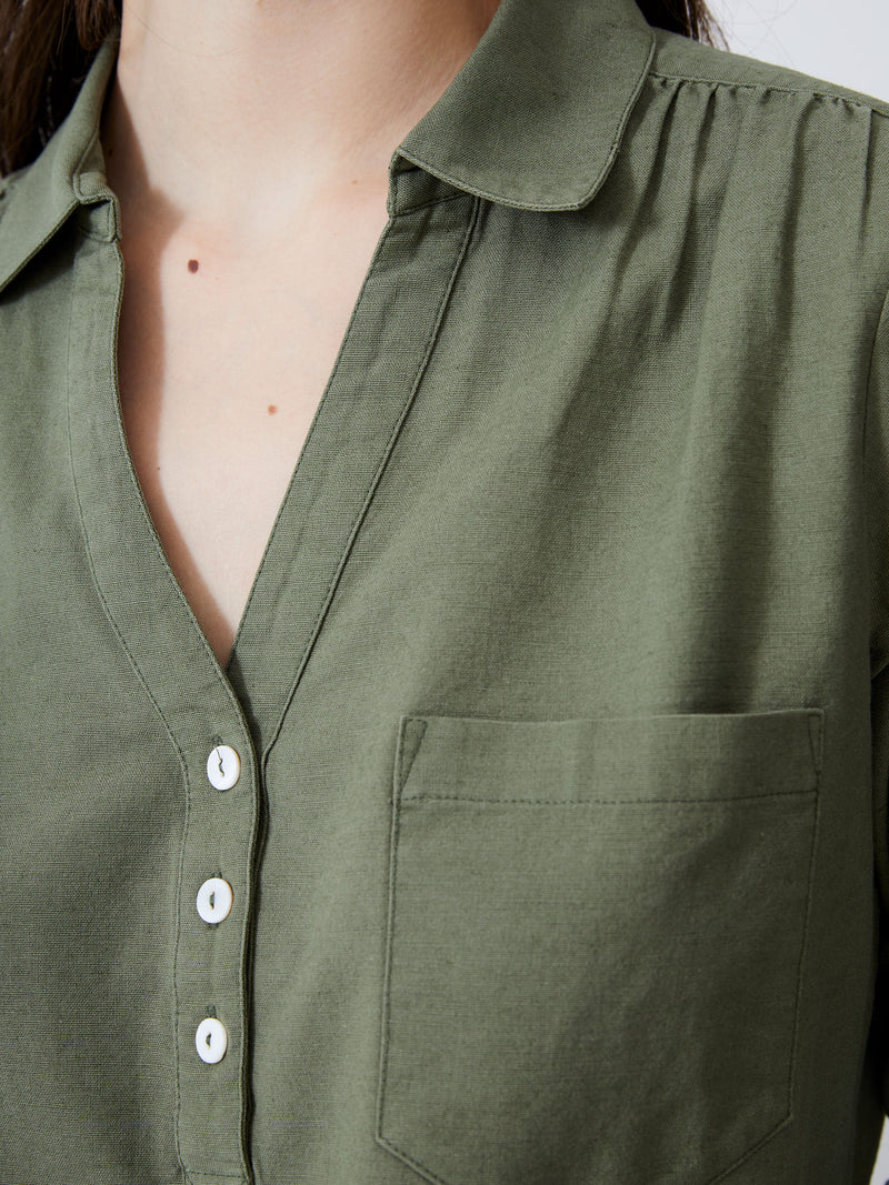 Linen Blend Vee Placket Top