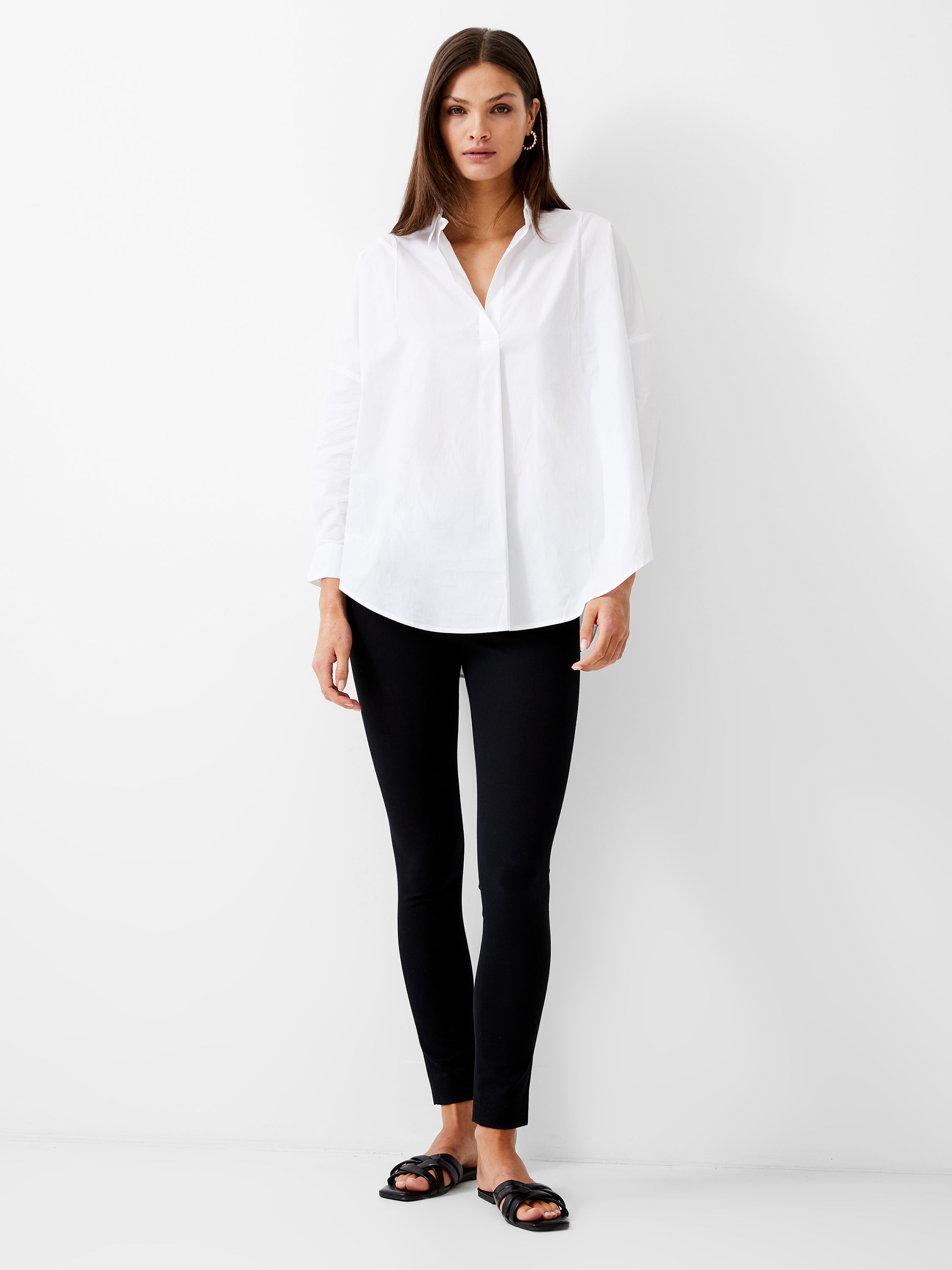 Long Sleeve Vee Collar Poplin Popover Shirt