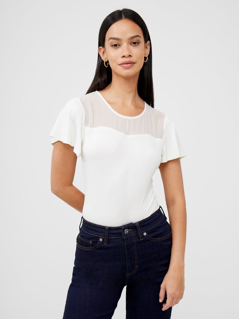 Sheer Panel Angel Sleeve Top Ecru