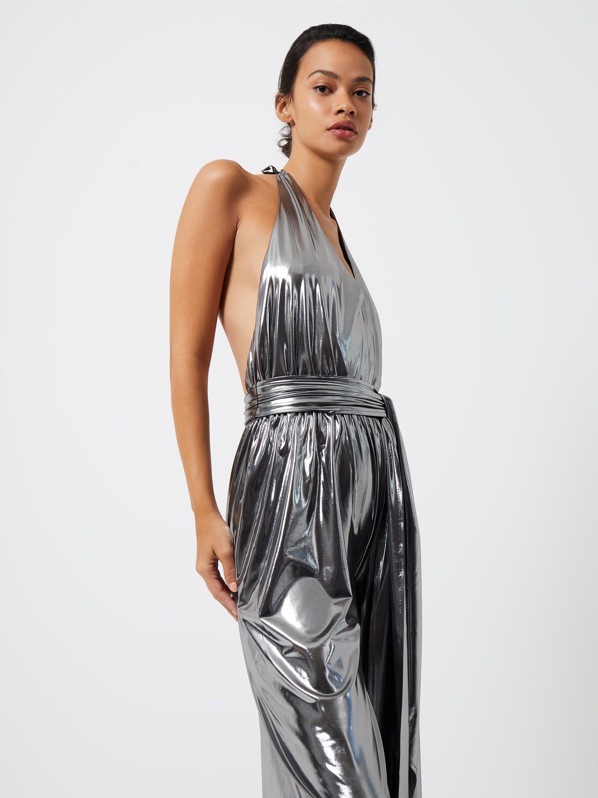 Ronja Liquid Metallic Jersey Backless Jumpsuit