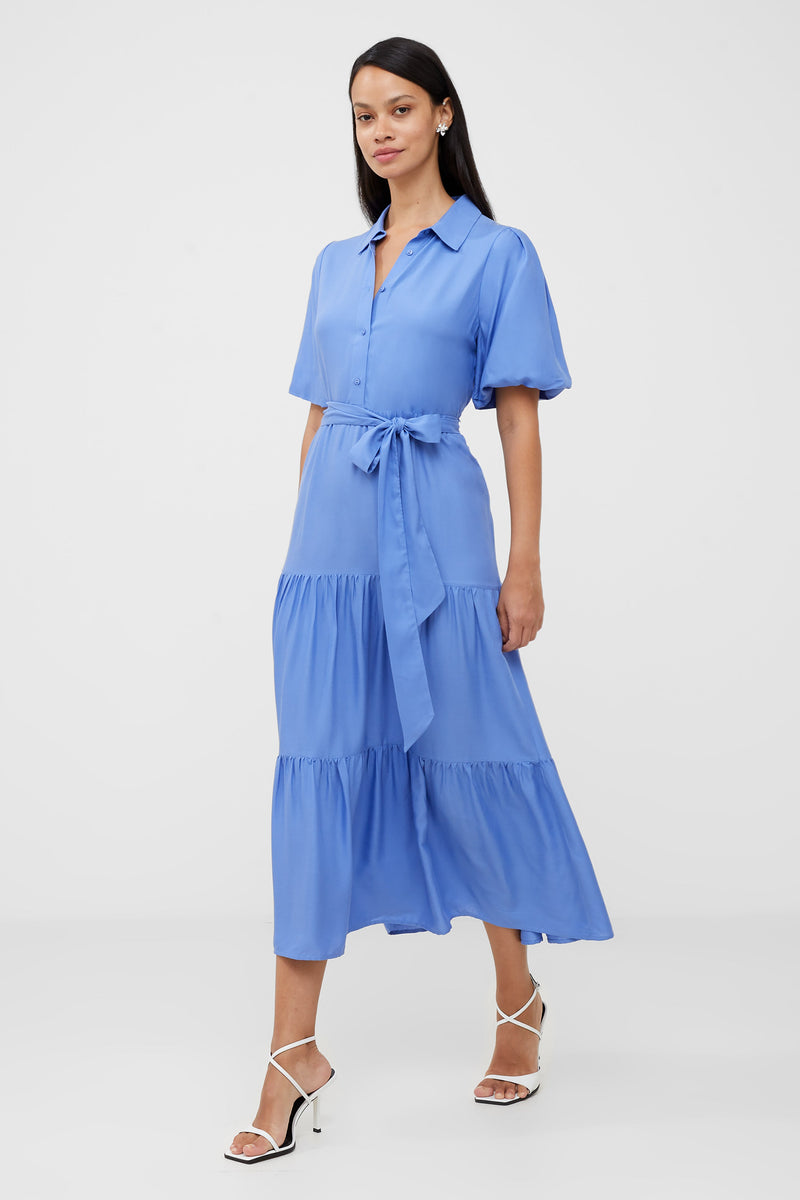 Puff Sleeve Tiered Midi Shirt Dress