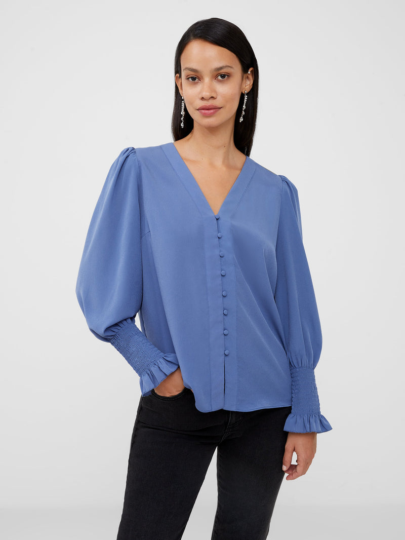 Crepe V-Neck Smocked Sleeve Blouse