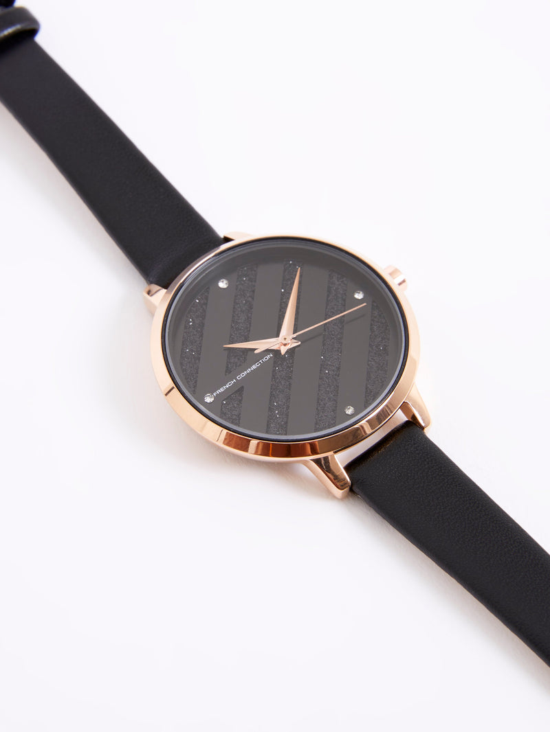 Black Leather Strap Watch with Black Glitter Dial