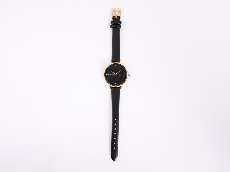 Black Leather Strap Watch with Black Glitter Dial