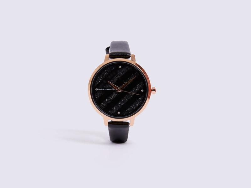 Black Leather Strap Watch with Black Glitter Dial