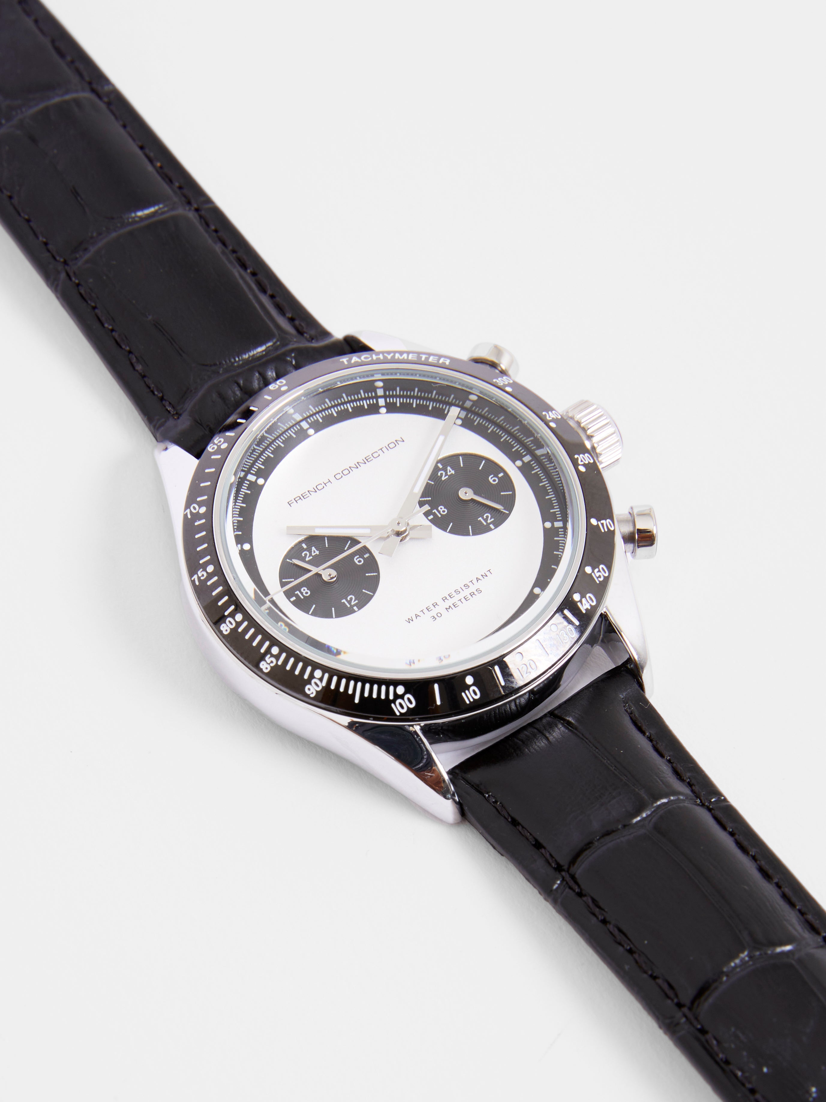 Black Leather Strap Watch with White Dial